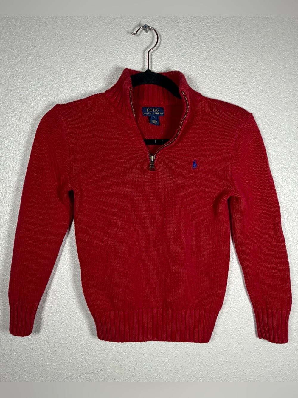 Boys 7 Polo Ralph Lauren Red Knit Quarter Zip Pullover Preppy Church Colorful